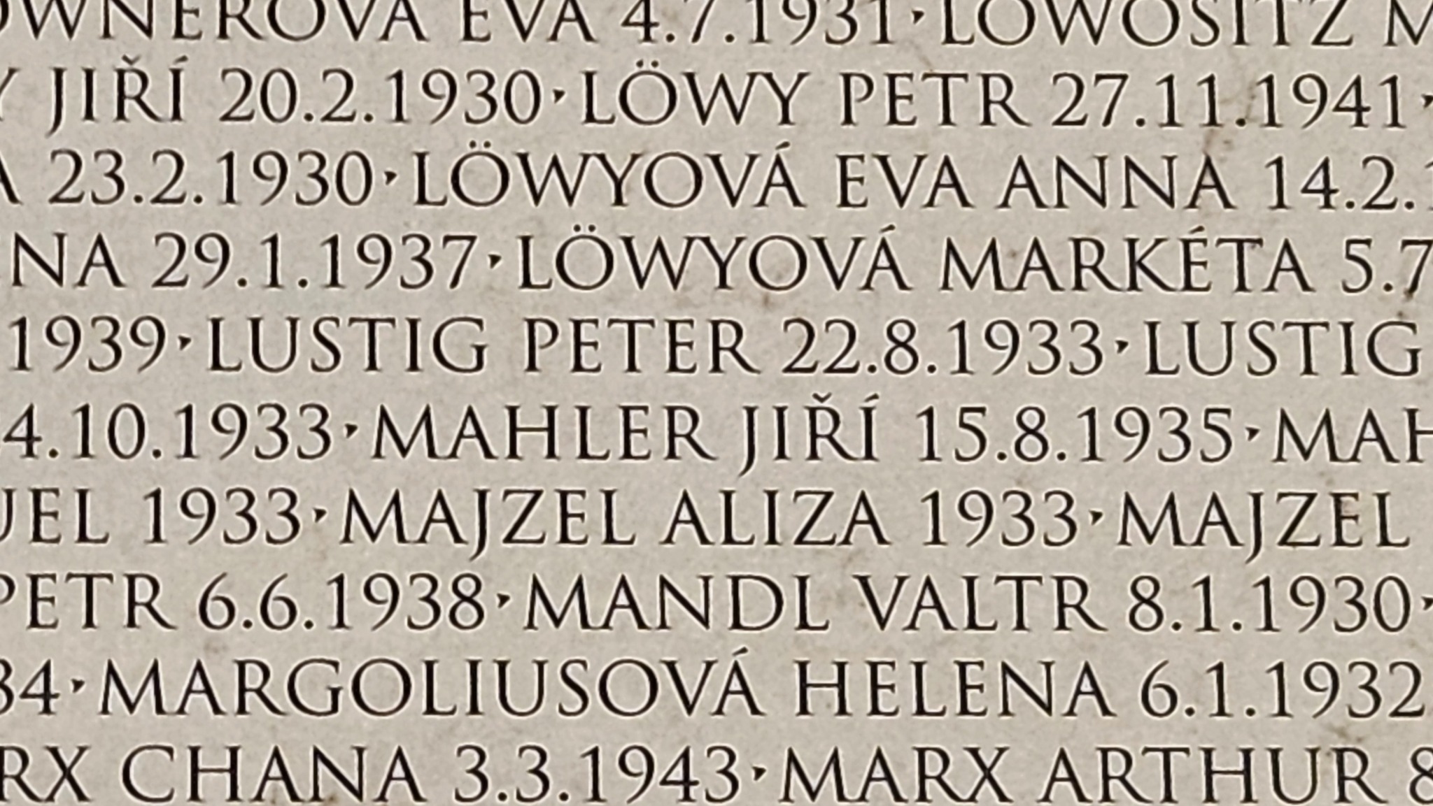 Jiří Mahler’s name on the memorial wall in Terezín
